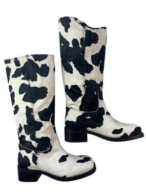 Steve Madden Riggs Cow Print Haircalf Mid-Calf Boots Black White Wmn Sz 8.5W NIB